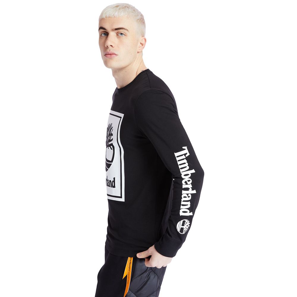 Timberland Μπλουζάκια Ανδρικα Μαυρα/Ασπρα - Long-Sleeve Logo - Greece 7398654-IA